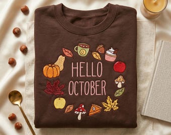 Embroidered Hello October Sweatshirt, Fall Wreath Hoodie, Autumn Aesthetic Shirt, Pumpkin Spice Crewneck, Fall Harvest Gift, Cozy October