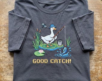 Fishing Goose Good Catch Embroidered Shirt, Retro 8bit Fisher Duck Tee, Funny Pixel Outdoor Camping Apparel, Cute Angler Gift For Fishermen