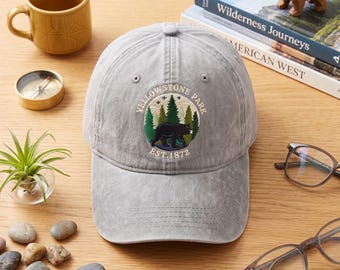 Embroidered Yellowstone Park Wash Dad Cap, Est. 1872 Bear Hat, Pine Trees and Starry Night Souvenir Gift for Hikers and Campers USA