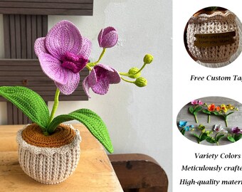 Crochet Orchid Flower, Personalized Orchid Plant Pot, Handmade Knitted Flower, Custom Name with Crochet Plant Home Decor, Personalized Gift