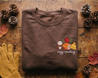 Embroidered Cozy Reading Sweatshirt, Fall Book Hoodie, Autumn Sweater, Coffee Crewneck, Book Lover Gift, Library Aesthetic Shirt