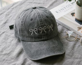 Dainty Embroidered Ribbon Wash Dad Cap, Coquette Bow Hat, Preppy Girl Baseball Hat, Aesthetic Three Bows Cap, Soft Aesthetic Headwear