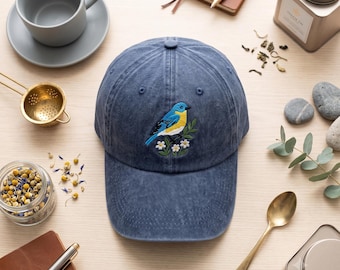 Bluebird and Flowers Embroidered Wash Dad Hat, Botanical Nature Cap, Bird Lover Gift for Her, Cute Songbird Headwear