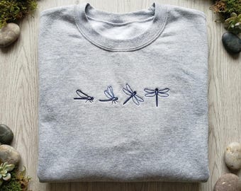 Embroidered Dragonfly Hoodie, Blue Insect Sweatshirt, Realistic Dragonfly Gift, Nature Lover Crewneck, Aesthetic Winged Insect Apparel