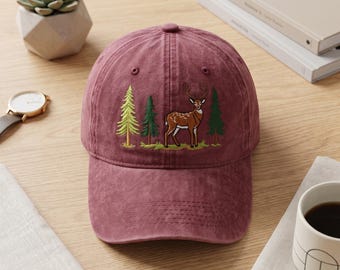 Forest Deer Embroidered Wash Dad Cap, Nature Lover Hat, Wildlife Scene Gift, Hunting Style Wilderness Baseball Headwear