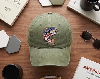 Patriotic Fisherman Embroidered Washed Dad Cap, Bass Fishing American Flag Hat, USA Angler Gift, Fourth of July Baseball Cap for Men