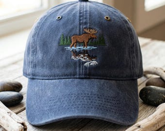 Embroidered Moose Wash Dad Cap, Wildlife Lake Reflection Hat, Forest Animal Gift, Nature Scenery Headwear, Outdoor Adventure Cap