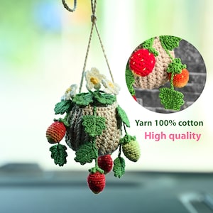 Crochet Strawberry Plant, Crochet Plant Car Hanging Monstera Decor ,Houseplant Decor, Car Mirror Hanging Accessories Crochet Hanging Plants