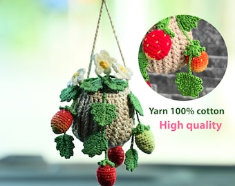Crochet Strawberry Plant, Crochet Plant Car Hanging Monstera Decor ,Houseplant Decor, Car Mirror Hanging Accessories Crochet Hanging Plants