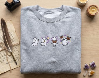 Embroidered Ghost Reading Hoodie, Cute Ghost Sweatshirt, Spooky Aesthetic Shirt, Book Lover Gift, Witchy Crewneck, Ghost Embroidery