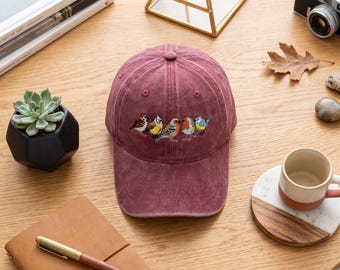 Bird Embroidered Washed Cotton Cap, Nature Lover Dad Hat, Minimal Wildlife Baseball Cap, Thoughtful Birdwatcher Gift, Unisex Style