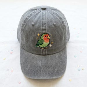 Peut inclure: Casquette de baseball grise avec un motif brodé d'un oiseau vert et rouge avec des accents jaunes. La casquette est faite d'un tissu doux et lavé et possède une visière incurvée. L'oiseau est entouré de petites étoiles jaunes.