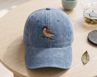 Embroidered Sparrow Bird Wash Dad Cap, Little Bird Hat, Nature Lover Gift, Garden Bird Apparel, Minimalist Headwear for Her