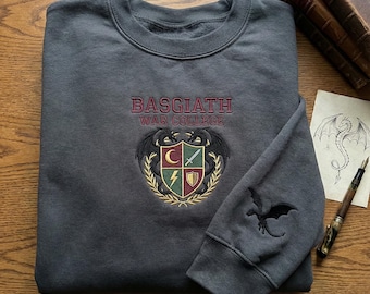 Basgiath War College Embroidered Sweatshirt, Dragon Crest Merch, Fourth Wing Dark Fantasy Booktok Gift, Grey Apparel