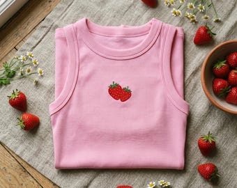 Sweet Strawberry Shirt, Cottagecore Fruit Apparel, Embroidered Tank Top, Summer Berry Lover Gift, Spaghetti Strap, Cute Nature Y2k Top