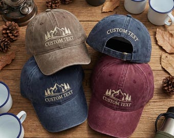 Custom Scenic Mountain Hat, Embroidered Landscape Dad Cap, Personalized Forest Lake Hat, Nature Adventure Gift, Custom Pine Tree Hat