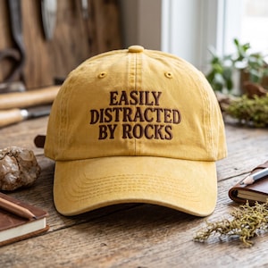 Embroidered wash dad cap, funny rock hunting hat, nature enthusiast gift, mineral collector cap, distracted by rocks, geology humor