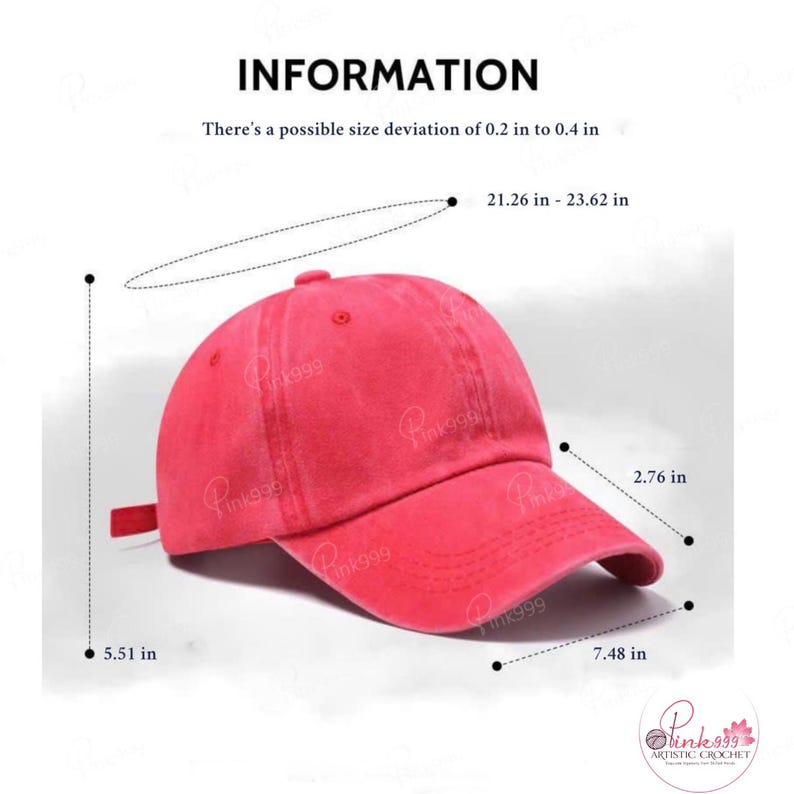 May include: A red baseball cap with a curved brim. The cap measures 7.48 inches in length, 2.76 inches in width, and 5.51 inches in height. The circumference is between 21.26 and 23.62 inches. The text "Pink999" is visible on the cap.