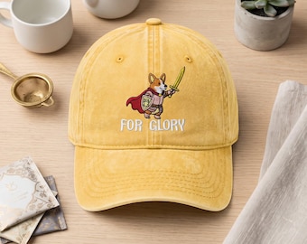 Fantasy Corgi Knight Embroidered Wash Dad Hat, For Glory Dog Cap, Medieval Puppy Gift, Brave Animal Lover Headwear for Adults