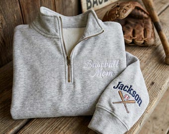 Custom Embroidered Baseball Mama Quarter Zip, Personalized Baseball Player Name Sleeve, Baseball Fan Pullover, Sporty Game Day Sweater