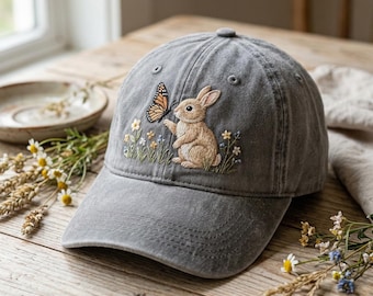 Embroidered Bunny Butterfly Hat, Rabbit Meadow Washed Dad Cap, Cottagecore Animal Cap, Nature Inspired Headwear, Wildflower Bunny Gift