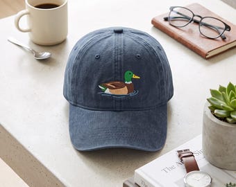 Embroidered Mallard Duck Wash Dad Hat, Waterfowl Hunting Cap, Lake Life Baseball Gift, Nature Lover Outdoor Bird Headwear for Adults