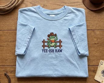 Embroidered Cowboy Frog Shirt, Funny Yee-Ish Haw T-Shirt, Introvert Country Toad Tee, Sarcastic Western Graphic Top, Southern Humor Gift