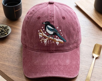 Embroidered Winter Bird Wash Dad Cap, Snowy Branch Magpie Hat, Nature Lover Gift, Wildlife Cotton Baseball Headwear for Birders Gift