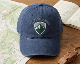Protect Our Parks Hat, Embroidered Mountain Wash Dad Cap, National Park Gift, Hiking Accessories, Conservation Baseball Hat