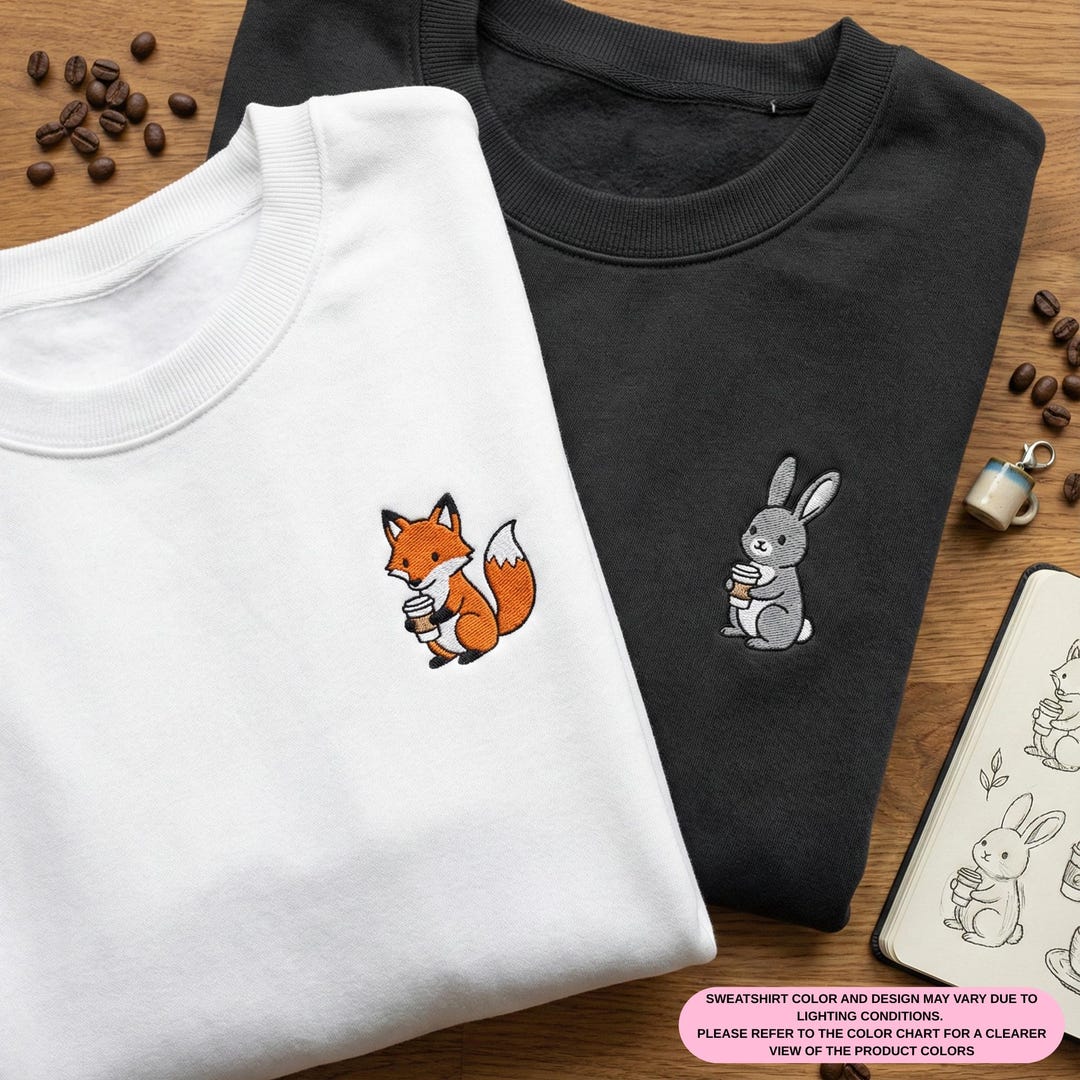 Embroidered Coffee Fox Shirt, Coffee Rabbit Hoodie, Matching Couple ...