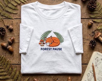 Embroidered Forest Pause Fox T-Shirt, Sleeping Fox Tee, Cottagecore Mushroom Shirt, Woodland Animal Top
