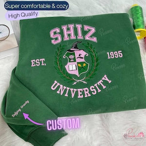 Geborduurd Shiz University-sweater, tartende zwaartekracht bezemsteel toverstaf hoodie, shirt filmliefhebber, shirt musicalfilm, voorgoed veranderd