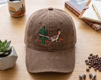 Embroidered Desert Roadrunner Wash Dad Hat, Southwestern Cactus Cap, New Mexico Bird Gift, Wild West Nature Lover Baseball Headwear