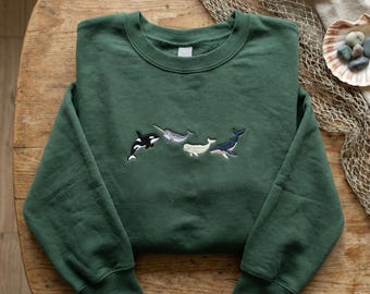 Marine Life Embroidered Sweatshirt, Orca Narwhal Beluga Whale Pullover, Ocean Lover Gift, Sea Creature Crewneck, Nature Shirt