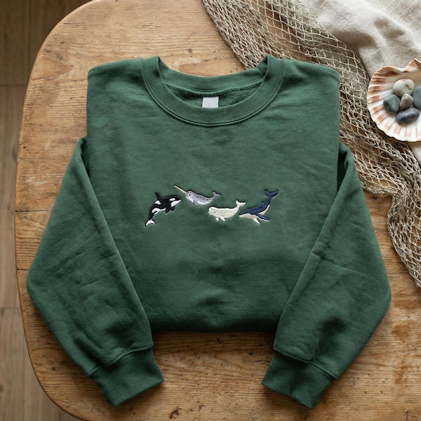 Marine Life Embroidered Sweatshirt, Orca Narwhal Beluga Whale Pullover, Ocean Lover Gift, Sea Creature Crewneck, Nature Shirt