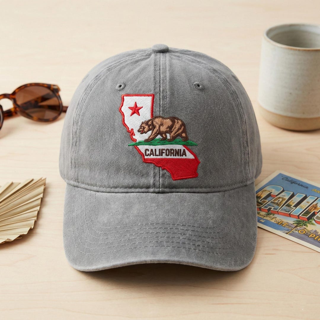 California State Map and Bear Embroidered Washed Dad Cap, Cali Republic ...