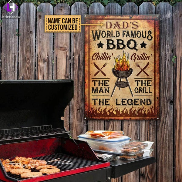 Personalized BBQ World Famous Vintage Metal Sign, Grill Father Metal Sign, Grill Master Decor Sign, Grilling Accessories Gift Idea