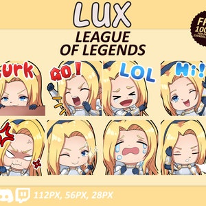 May include: A set of eight digital stickers featuring a cartoon character with blonde hair and different facial expressions. The character is wearing a white and blue outfit and has a blue headband. The stickers include expressions like "Lurk", "Go!" , "LOL", "Hi!" and more. The text "LUX LEAGUE OF LEGENDS" is at the top of the image.