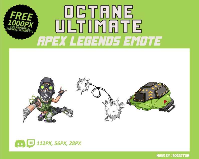 Puede incluir: Una ilustraci&oacute;n digital de Octane de Apex Legends realizando su habilidad definitiva. La imagen est&aacute; en estilo de dibujos animados y presenta a Octane con un atuendo verde y negro con una m&aacute;scara de gas. El fondo es blanco.
