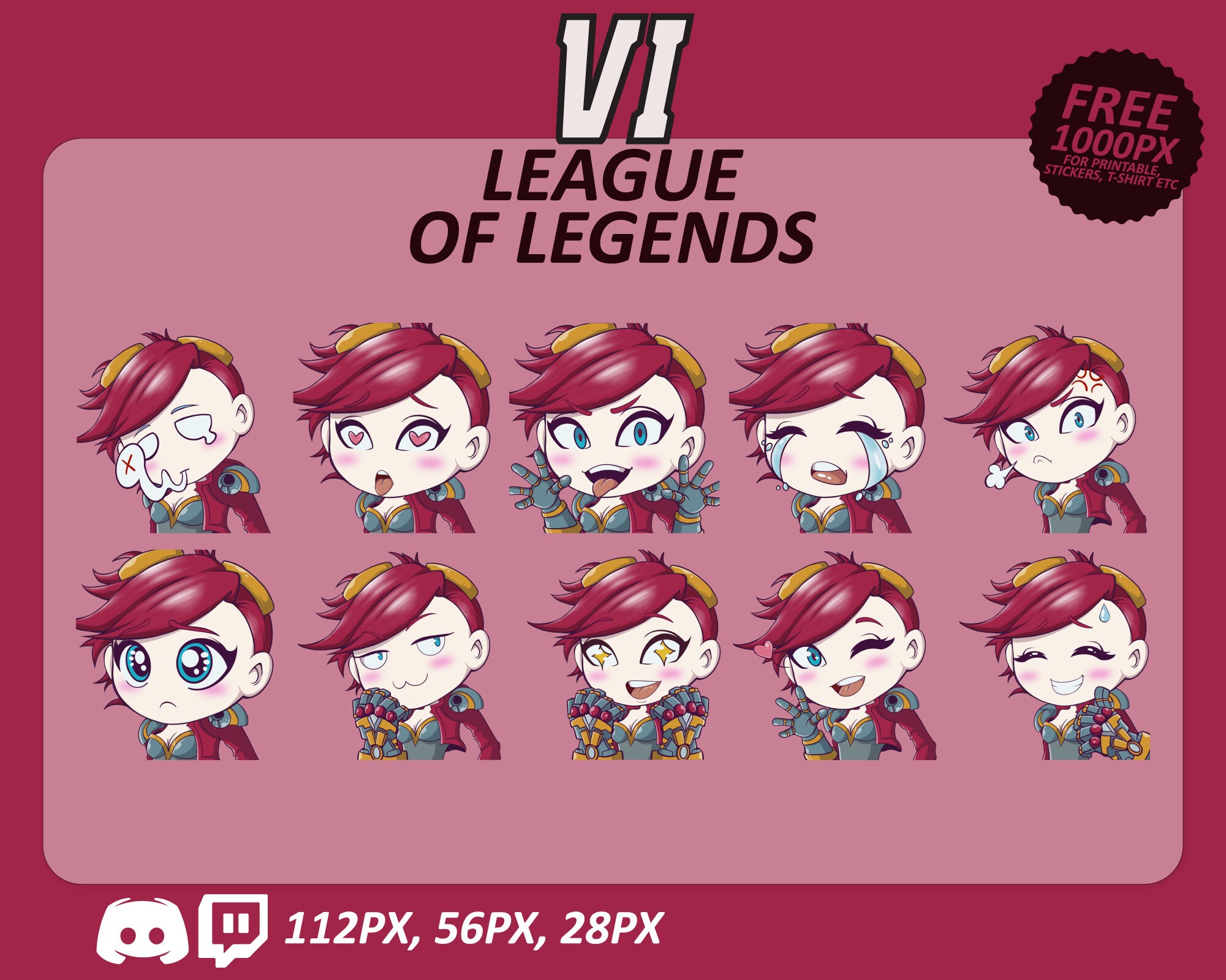 Vi LOL Emotes, Vi Emotes, League of Legends Emotes, twitch Emotes, Discord Emotes, Cute and Chibi emotes, Emotes for Streamer, LOL emote