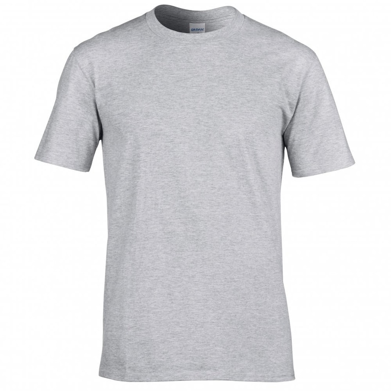 May include: A plain gray t-shirt with a short sleeve and a crew neck.