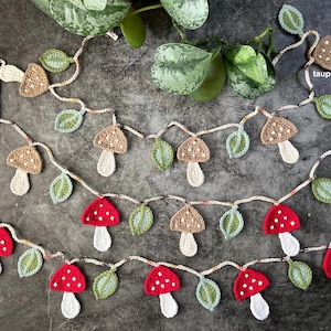 100% Cotton Toadstool Mushroom and Leaf Crochet Garland Handmade wall hanging decoration Cozy Boho