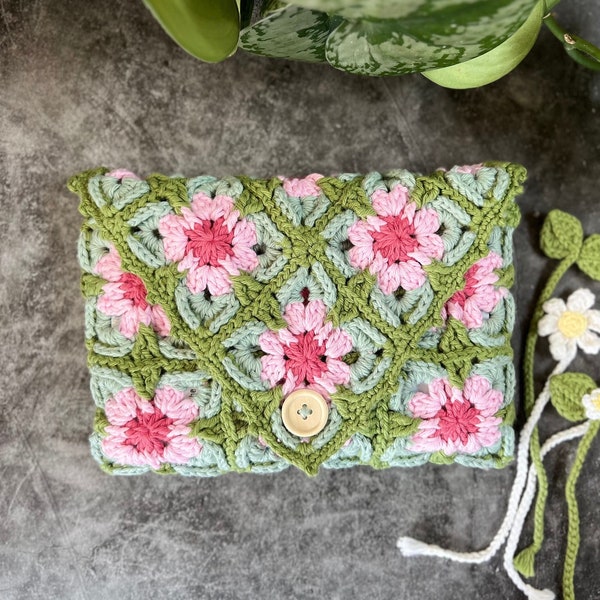 Ensemble 100 % coton, pochette livre fleur rose avec bouton en bois/marque-page, sac hobo au crochet printanier multicolore fait main, pochette douillette