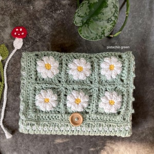 Set 100% Cotton Puffy White Daisy Flower Book Sleeve/Wood Button+Bookmark  Spring Crochet Hobo Multicolor Handmade Cozy clutch bag pouch
