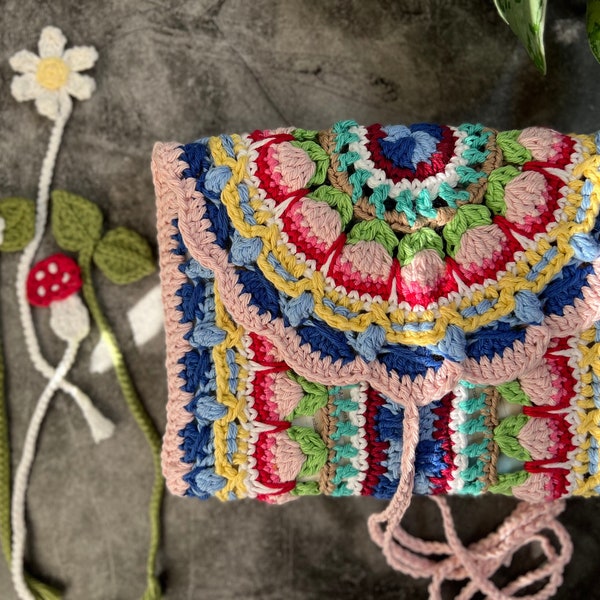 Ensemble 100 % coton, pochette livre/marque-page bohème coloré au crochet, bulle multicolore, fait main bohème, pochette douillette, pochette, pochette, marque