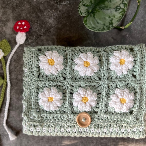 Ensemble 100 % coton, pochette pour livre, fleur marguerite blanche gonflée, bouton en bois/marque-page Hobo au crochet printanier multicolore fait main pochette confortable