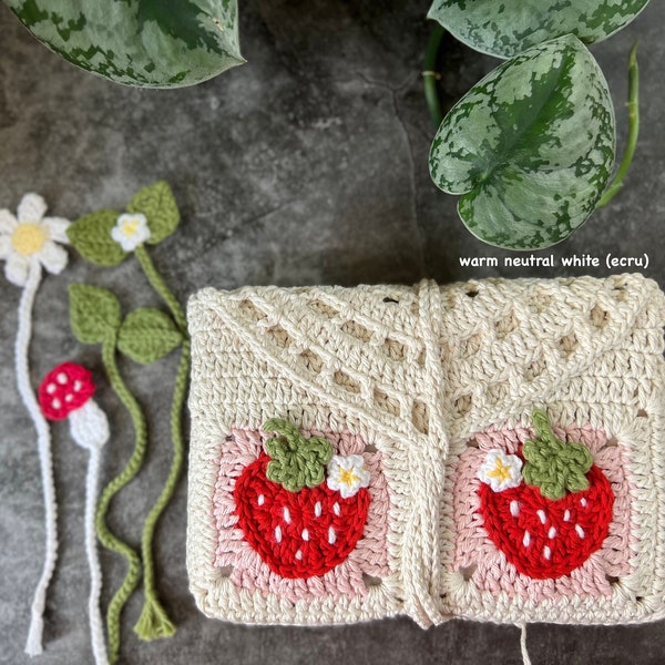 Set 100% Cotton Red Strawberry/flower Book Cover + Bookmark granny square Crochet Handmade Sleeve Cozy Boho case clutch bag pouch