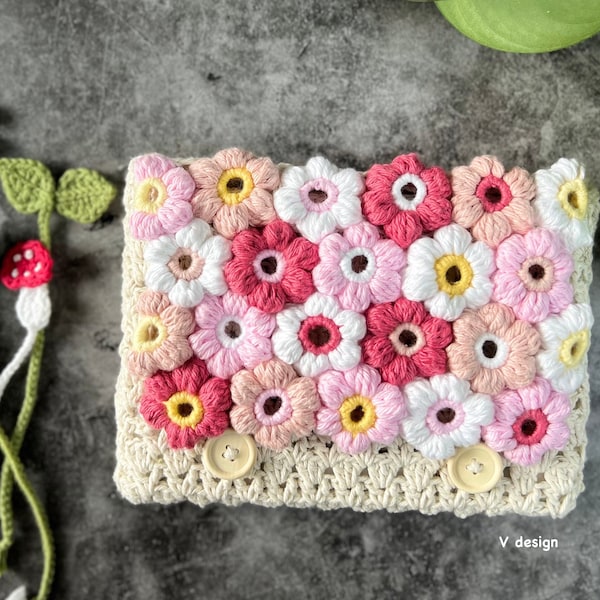 Ensemble 100 % coton rose Puffy Puff Daisy Flower Housse de protection avec marque-page au crochet Pochette multicolore faite main confortable