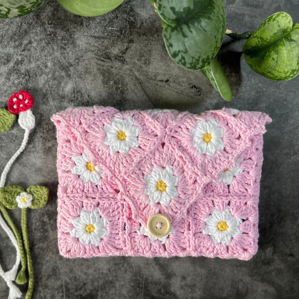 Ensemble 100 % coton marguerite blanche et pochette rose avec bouton en bois/marque-page Hobo au crochet multicolore fait main confortable pochette