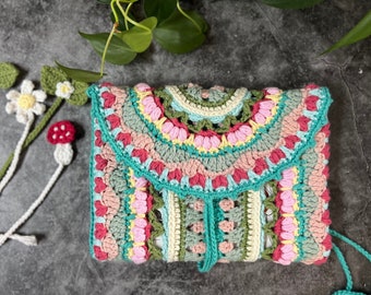SET 100% Cotton Colorful Boho Book Sleeve + Bookmark Crochet Multicolor Bubble Handmade Bohemian Cozy cover Sleeve case clutch bag pouch